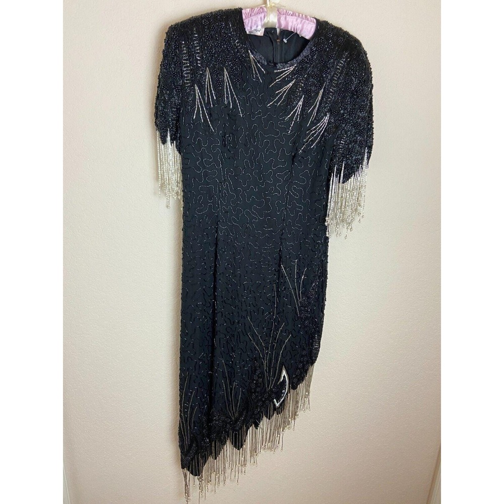 Laurence Kazar Womens Dress Black Size PM Beaded Pure Silk Full Back Zip
